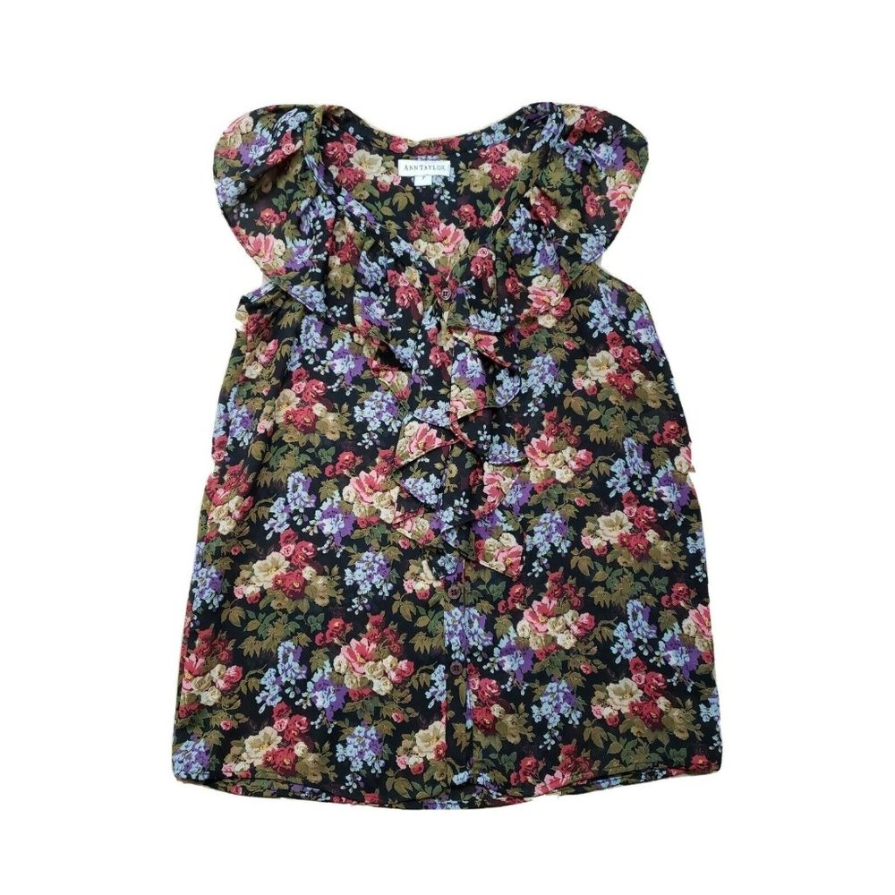 Ann Taylor Women's Top Blouse Small P Petite Sheer Floral Bright Roses Ruffle